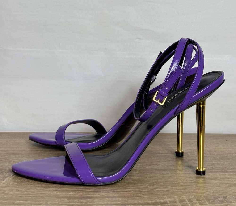 Nine West Reina Ankle Strap Stiletto Sandals Purple Patent Gold Heel Size 11